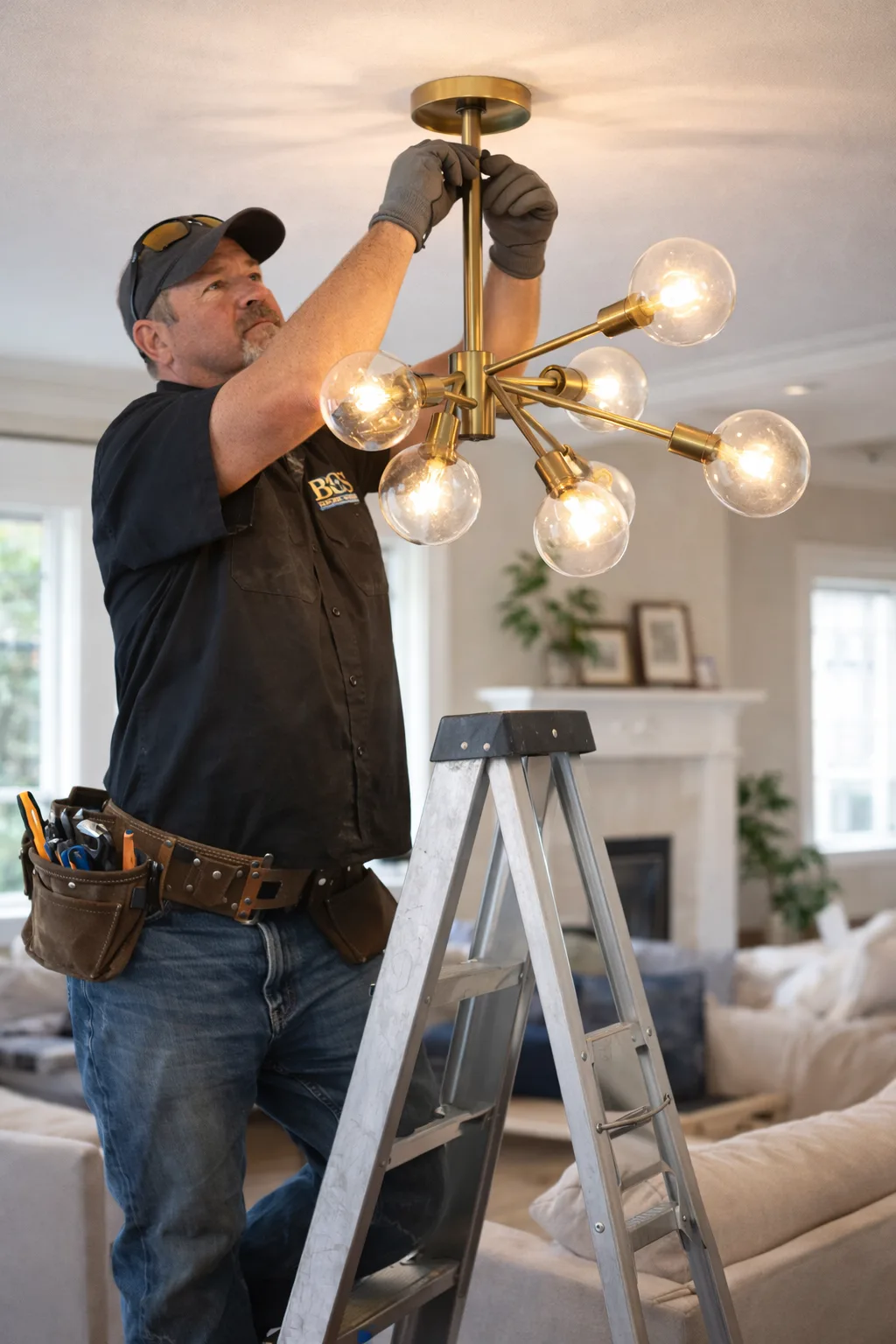 BES electrician installing a chandelier